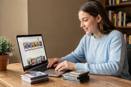 Jeune femme comparant des prix de boosters Étincelles Déferlantes sur plusieurs boutiques en ligne depuis son bureau à domicile