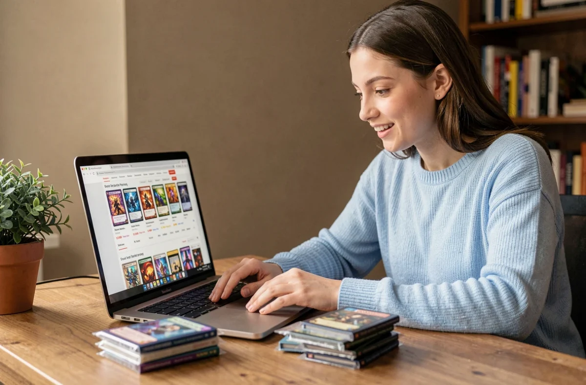 Jeune femme comparant des prix de boosters Étincelles Déferlantes sur plusieurs boutiques en ligne depuis son bureau à domicile