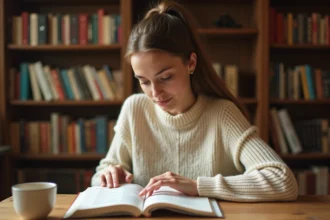 Jeune femme étudiant la conjugaison du verbe jouir dans un manuel de grammaire française à son bureau