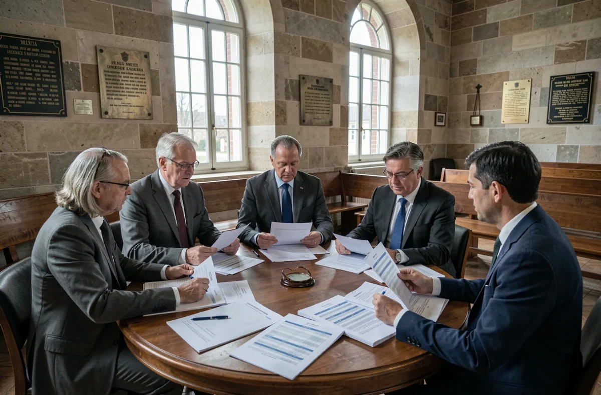 Conseil municipal en réunion autour de documents budgétaires dans une salle de mairie, illustrant les indemnités des adjoints selon la population communale