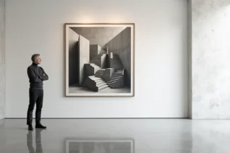 Conservateur de musée contemplant une lithographie d'Escher représentant des escaliers impossibles dans une galerie d'art minimaliste