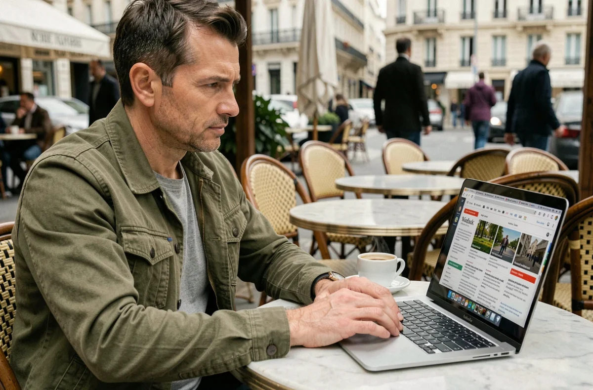 Homme consultant plusieurs sources en ligne sur un ordinateur portable dans un café parisien