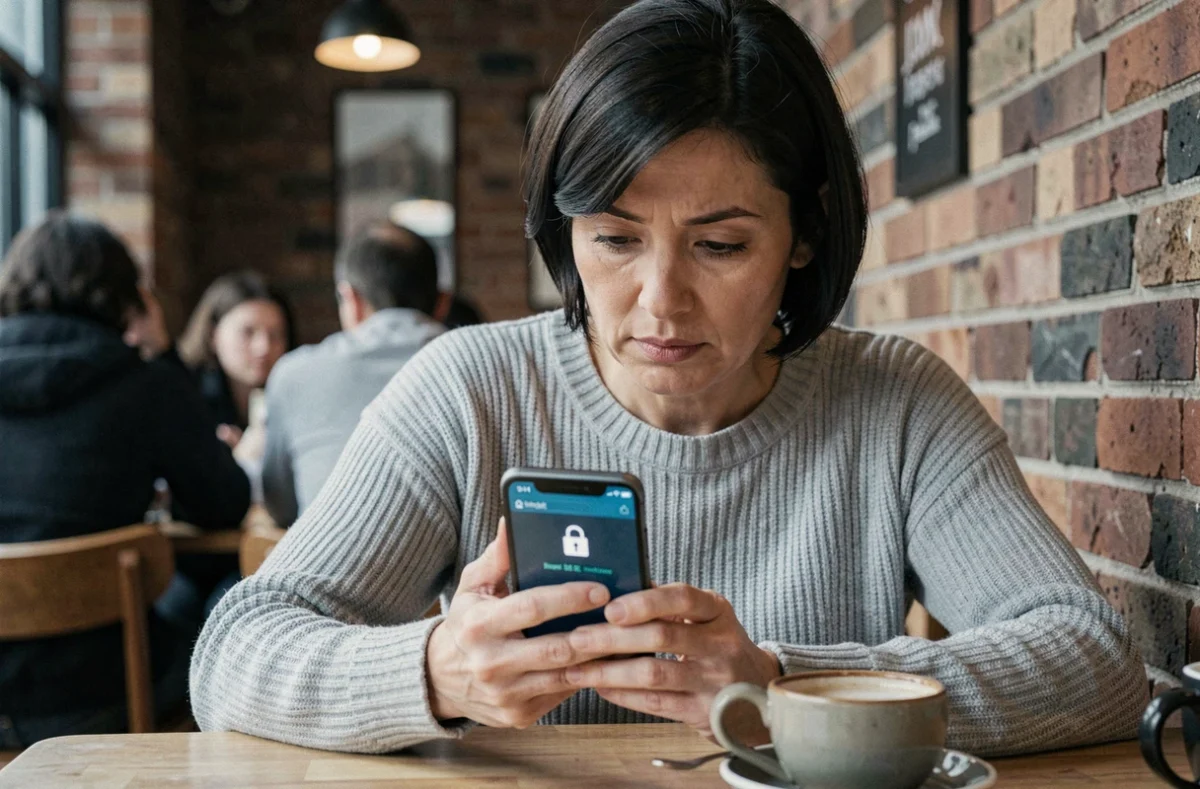 Femme consultant les indicateurs de sécurité d'un site de jeux en ligne sur smartphone dans un café