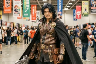 Cosplayeur en costume élaboré inspiré d'un personnage de manga One Piece dans une convention animée