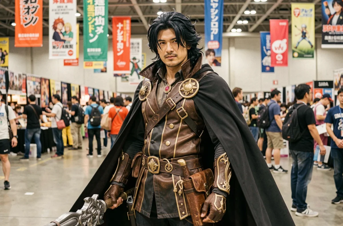 Cosplayeur en costume élaboré inspiré d'un personnage de manga One Piece dans une convention animée