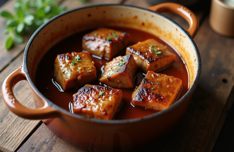 Côtes de porc braisées dans une sauce à la bière dans un plat rustique