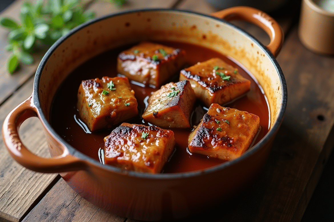 Côtes de porc braisées dans une sauce à la bière dans un plat rustique
