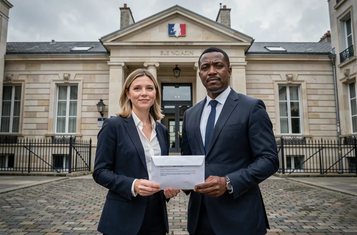 Couple franco-maghrébin devant l'ambassade française à l'étranger après dépôt du dossier de naturalisation