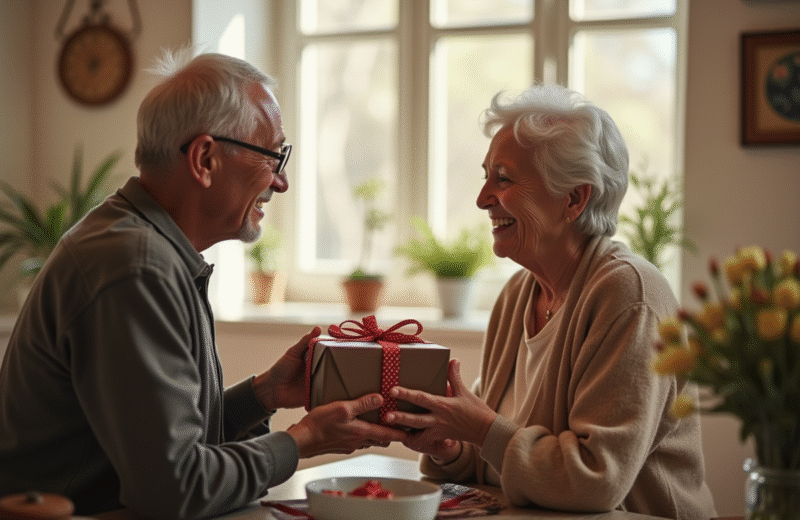 Couple âgé échangeant des cadeaux lors de leur anniversaire