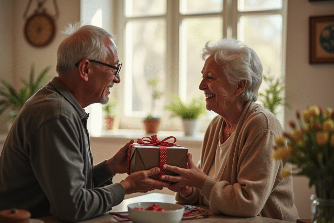 Couple âgé échangeant des cadeaux lors de leur anniversaire