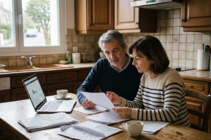 Couple français dans la cuisine consultent des papiers