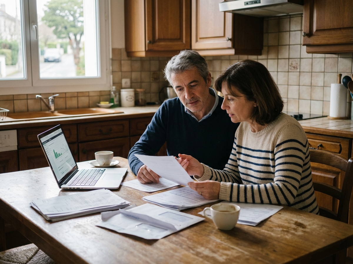Couple français dans la cuisine consultent des papiers