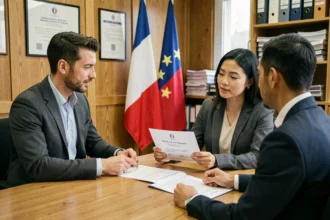 Couple franco-étranger consultant un agent consulaire français à l'étranger pour une demande de nationalité