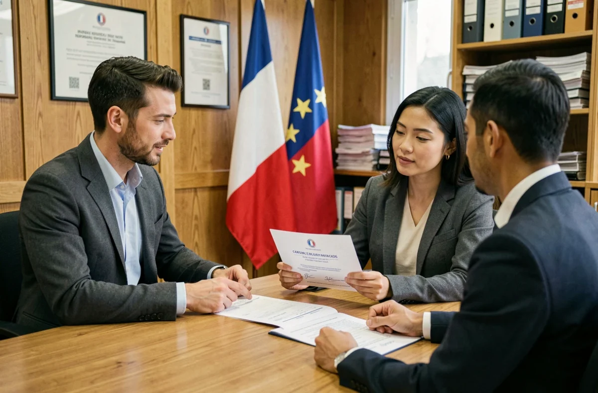 Couple franco-étranger consultant un agent consulaire français à l'étranger pour une demande de nationalité