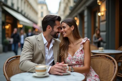 Couple élégant partageant un moment intime en terrasse de café parisien, illustrant une relation discrète à la française