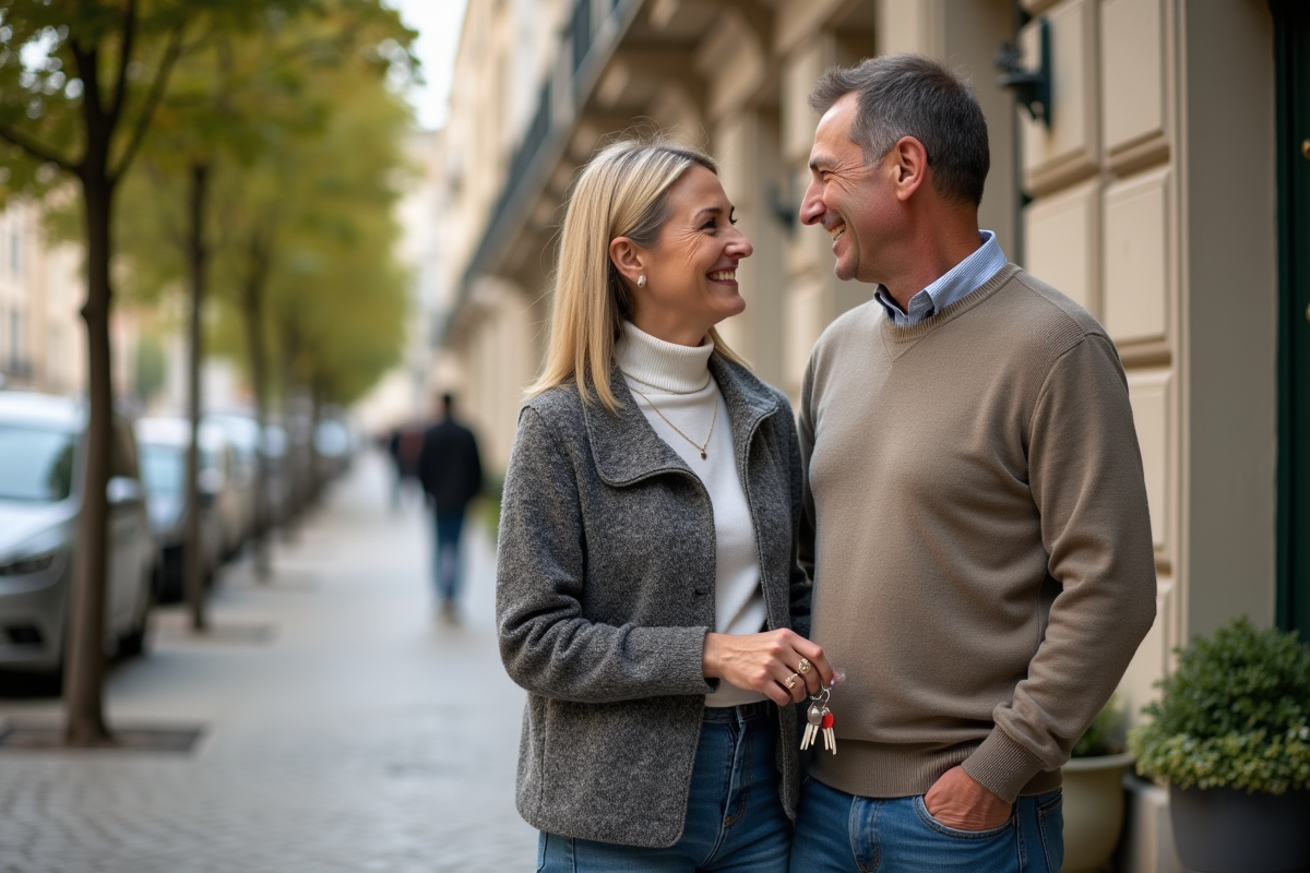 Couple souriant devant immeuble parisien rénové