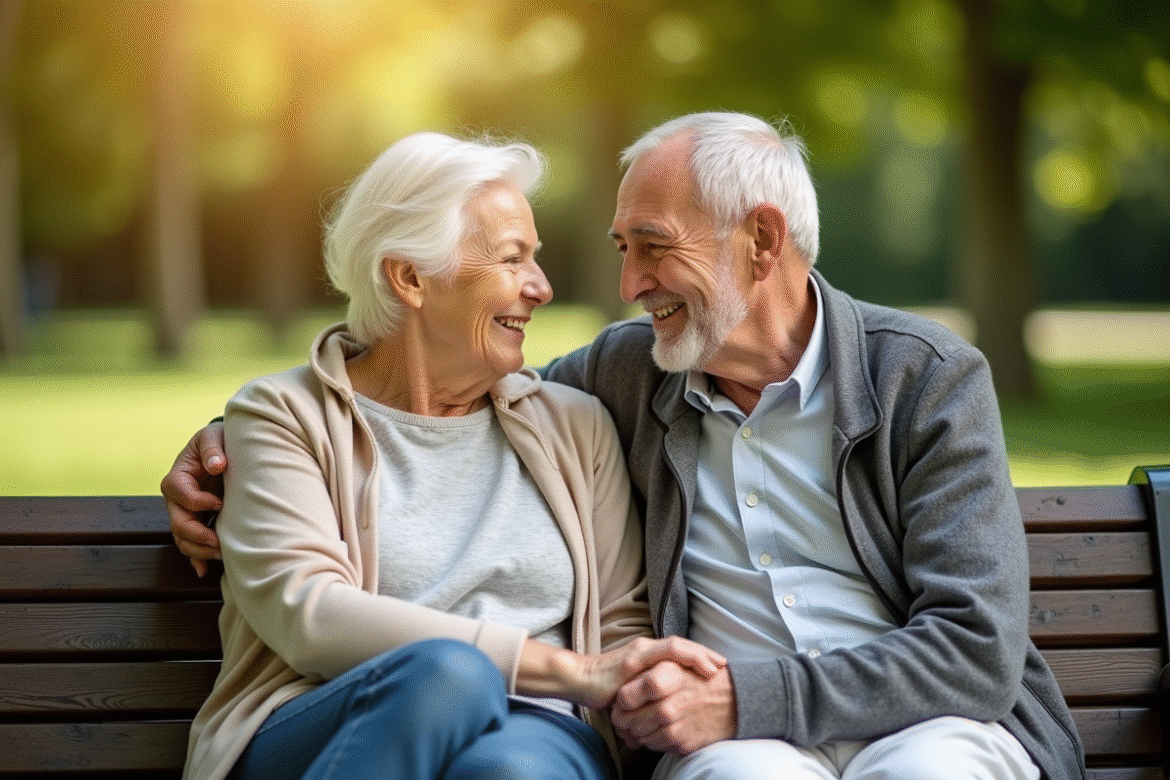 Couple senior assis sur un banc ensoleille dans un parc