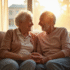 Couple âgé souriant main dans la main dans un salon lumineux