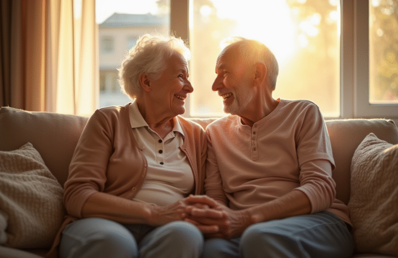 Couple âgé souriant main dans la main dans un salon lumineux