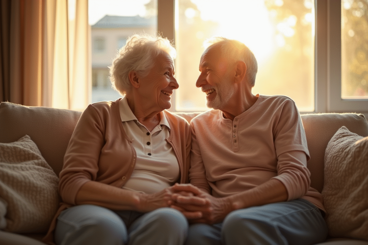 Couple âgé souriant main dans la main dans un salon lumineux