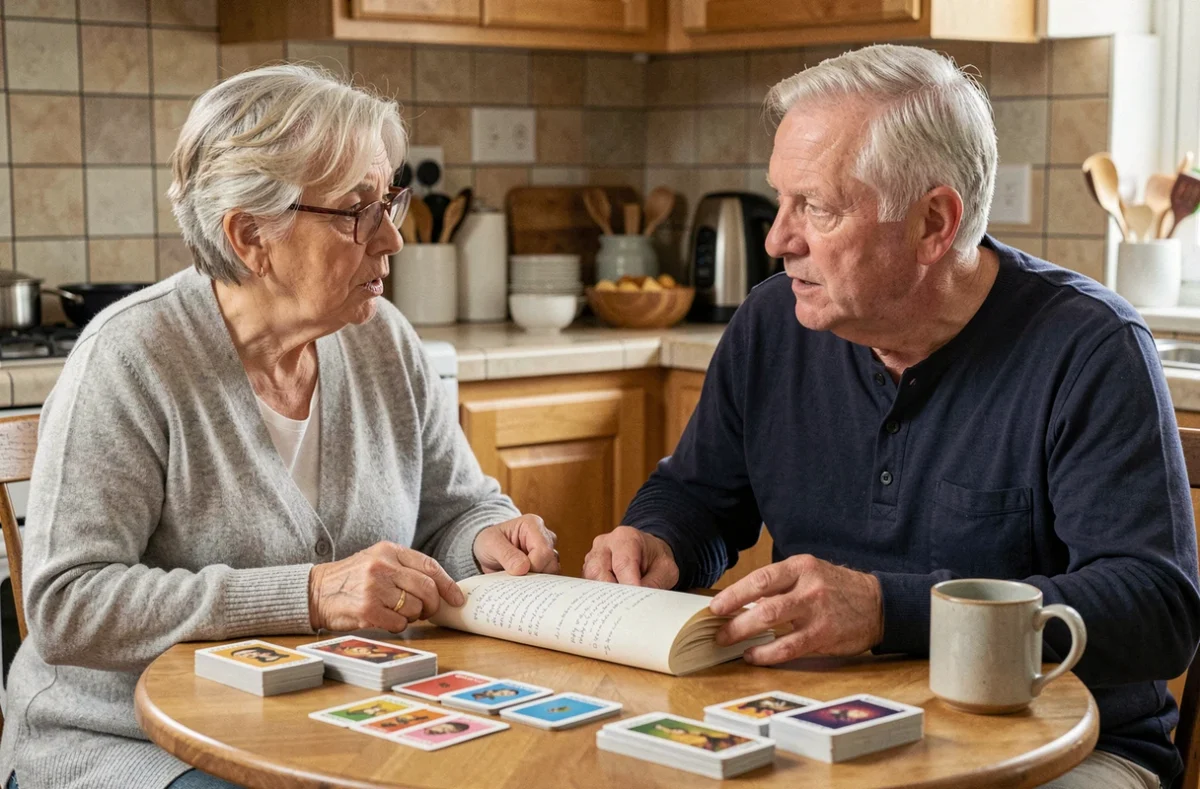 Couple de seniors en train de discuter des règles de la crapette autour d'une table de cuisine avec un livret de règles manuscrit et une pioche centrale en jeu