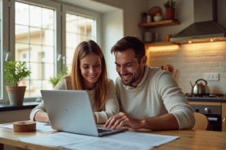 Jeune couple souriant avec documents de prêt immobilier