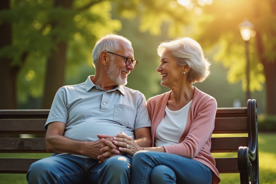 Couple âgé assis sur un banc ensoleillé dans un parc avec bagues de mariage