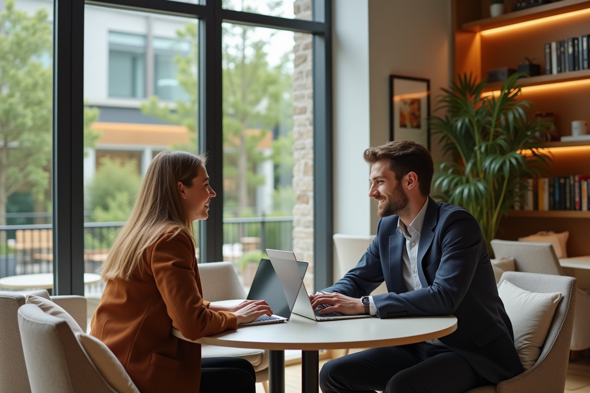Homme et femme discutant dans un espace coworking moderne