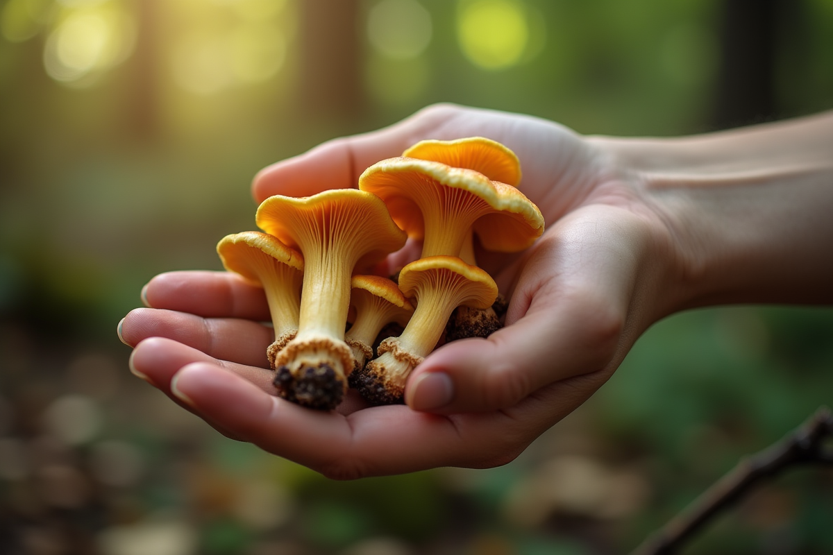 Main tenant des champignons chanterelles fraîchement cueillis