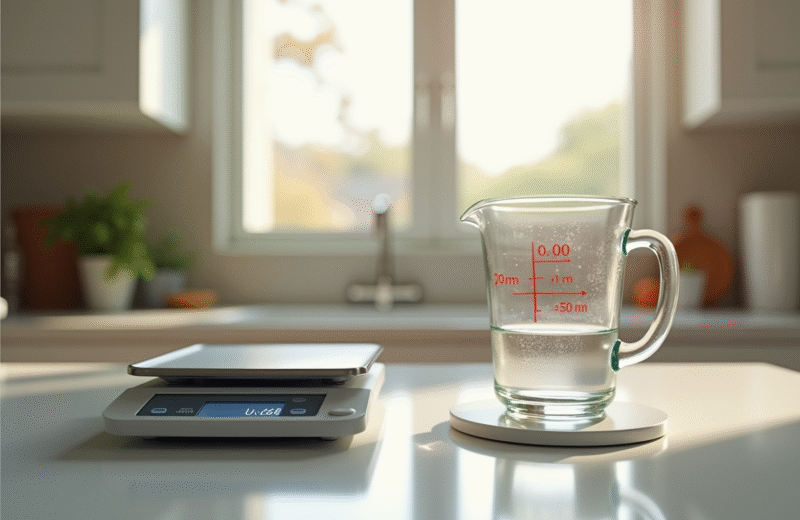 Plan de travail cuisine avec verre doseur et balance numérique
