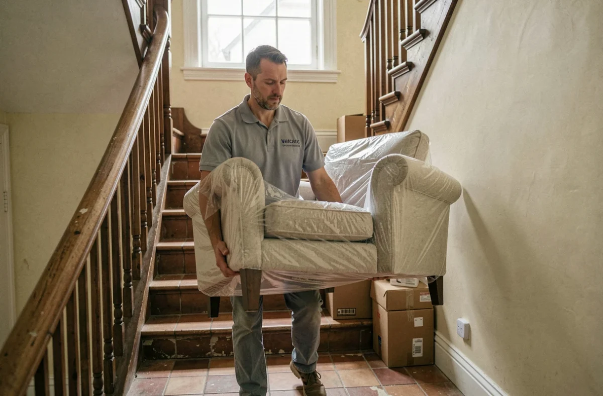 Déménageur Leveque portant un fauteuil emballé dans l'escalier d'une maison en brique du Nord