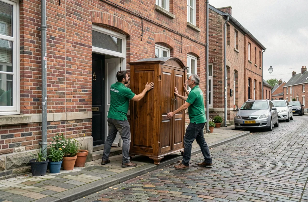 Deux déménageurs Grimonpont manœuvrant une armoire à travers la porte d'une maison en brique à Tourcoing