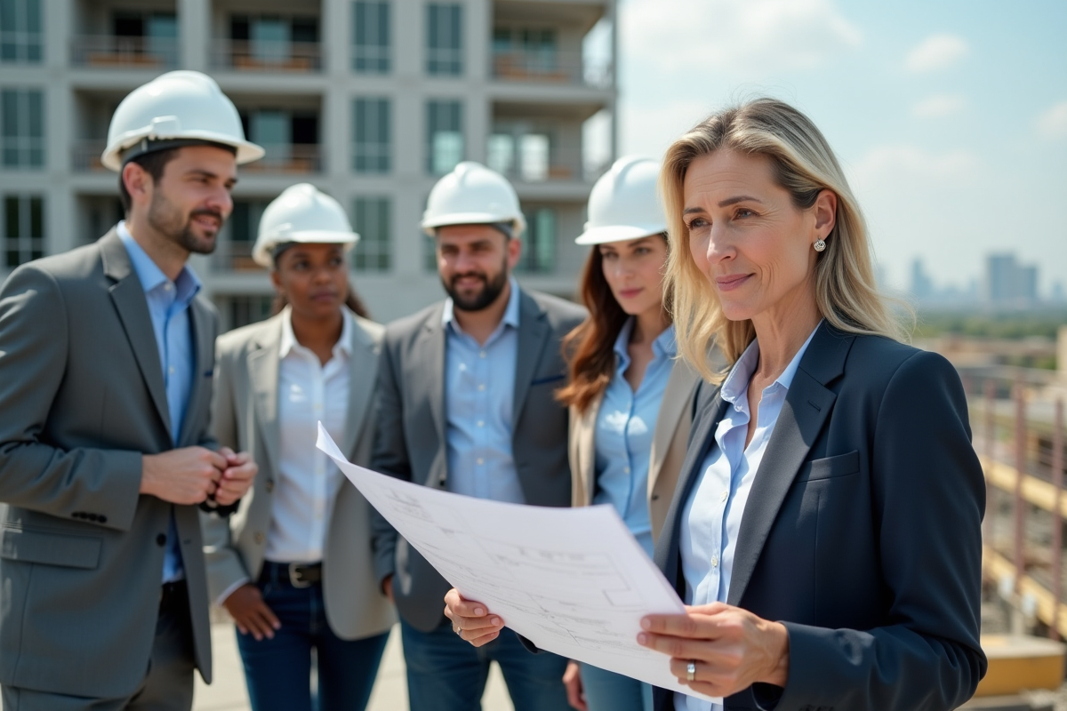 Femme developpeuse immobiliere examinant des plans sur un chantier