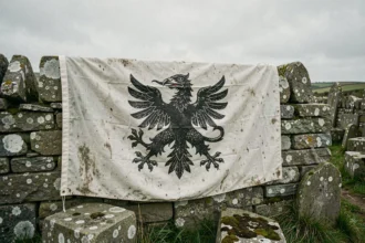 Drapeau breton Gwenn-ha-du avec ses hermines noires sur pierre granitique en Bretagne