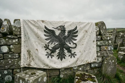 Drapeau breton Gwenn-ha-du avec ses hermines noires sur pierre granitique en Bretagne