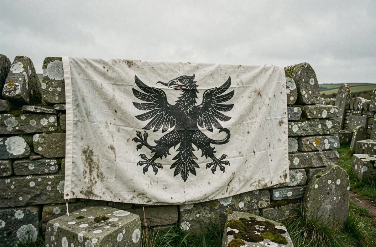 Drapeau breton Gwenn-ha-du avec ses hermines noires sur pierre granitique en Bretagne