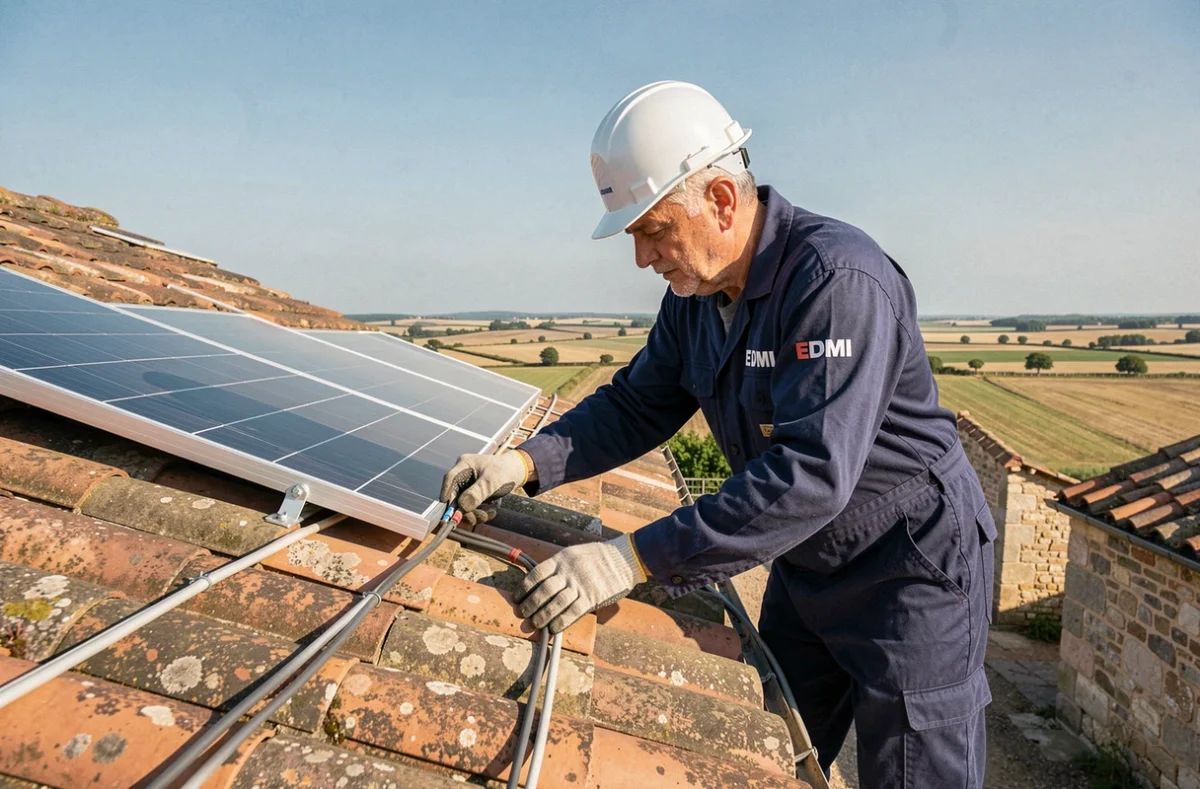Électricien EDMI installant le câblage de panneaux solaires sur le toit d'une ferme gasconne dans le Gers