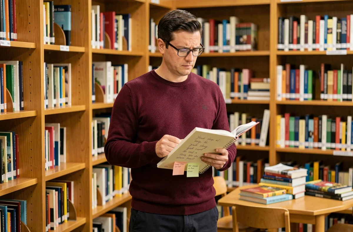 Éducateur masculin consultant un carnet de notes sur les expressions des jeunes dans une bibliothèque scolaire