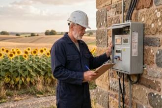 Électricien professionnel devant un bâtiment en pierre typique du Gers avec des champs de tournesols en arrière-plan