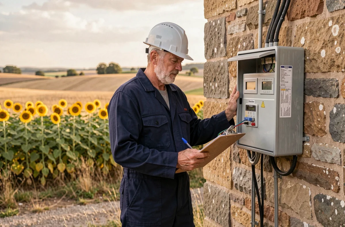 Électricien professionnel devant un bâtiment en pierre typique du Gers avec des champs de tournesols en arrière-plan