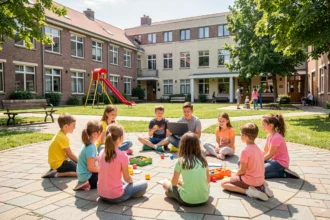 Enfants et animateur jouant dans la cour d'un centre de loisirs