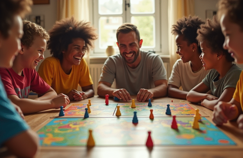 Groupe d'enfants et adultes jouant aux jeux de l'oie du monde entier