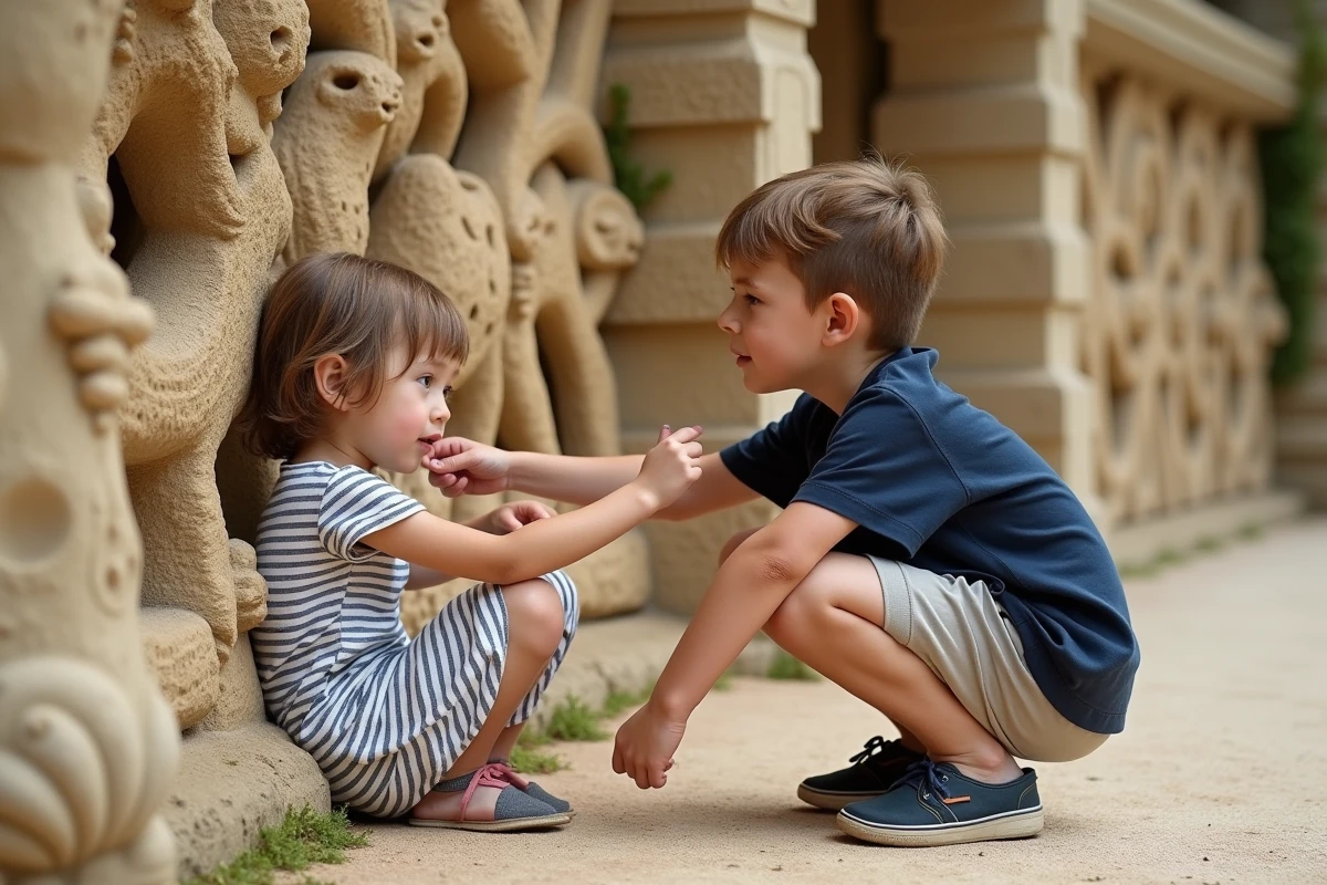 Enfants découvrant les sculptures en pierre du Palais Idéal du Facteur Cheval de près