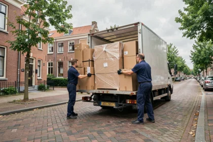 Équipe de déménagement professionnelle chargeant un camion devant des maisons en brique rouge à Tourcoing
