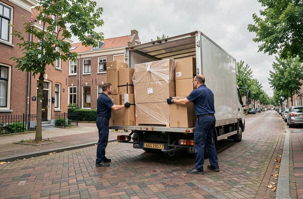 Équipe de déménagement professionnelle chargeant un camion devant des maisons en brique rouge à Tourcoing