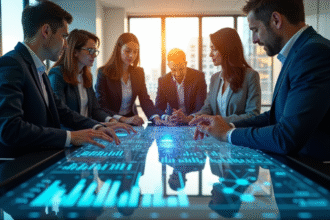 Groupe de professionnels en réunion dans un bureau moderne avec table tactile