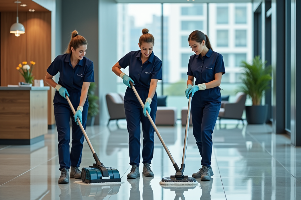 Équipe de nettoyeurs professionnels dans un bureau moderne