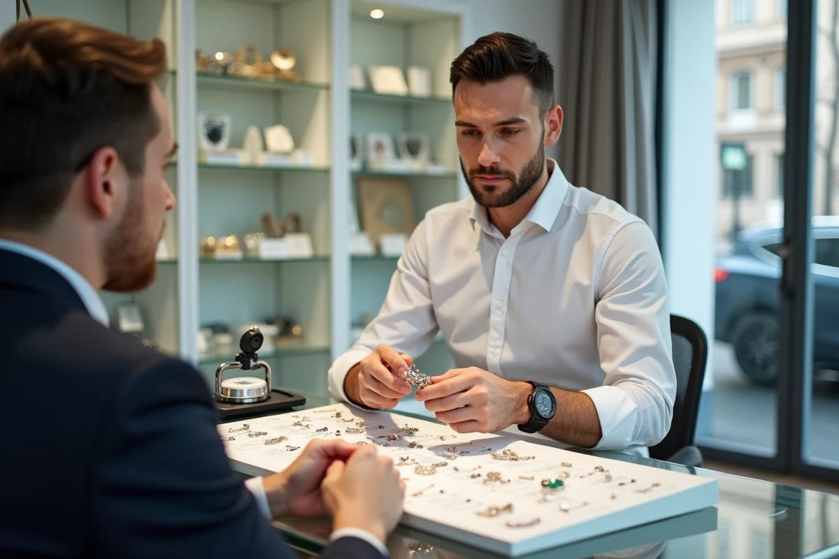 Professionnel estimant le prix d'un bracelet d'occasion en consultant un guide des poinçons dans une bijouterie de revente
