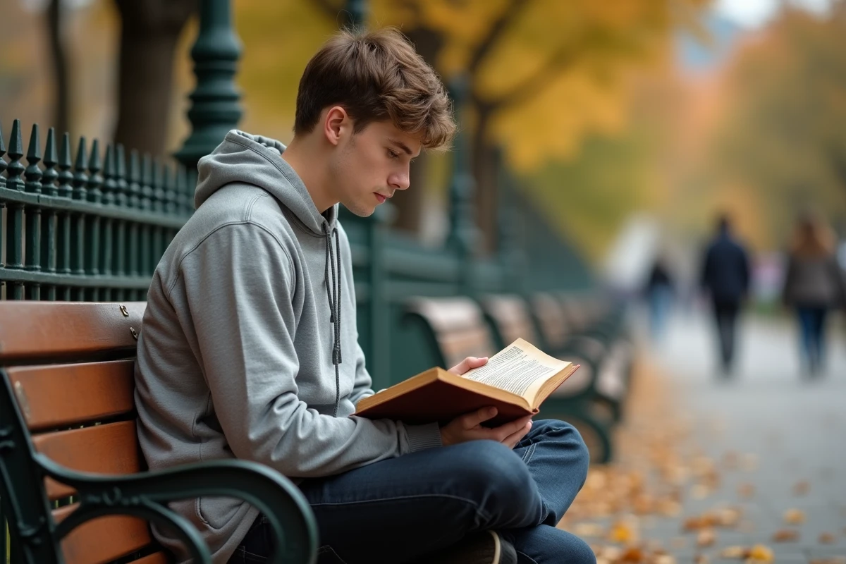Étudiant révisant les formes de conjugaison du verbe jouir dans un guide de grammaire française en plein air dans un parc