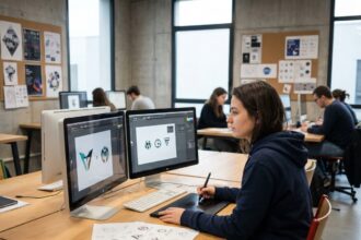 Étudiante en graphisme travaillant sur une tablette graphique dans un studio de design moderne en France